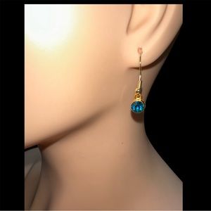 Faux Blue Topaz Hook Wire Earrings in Gold Tone